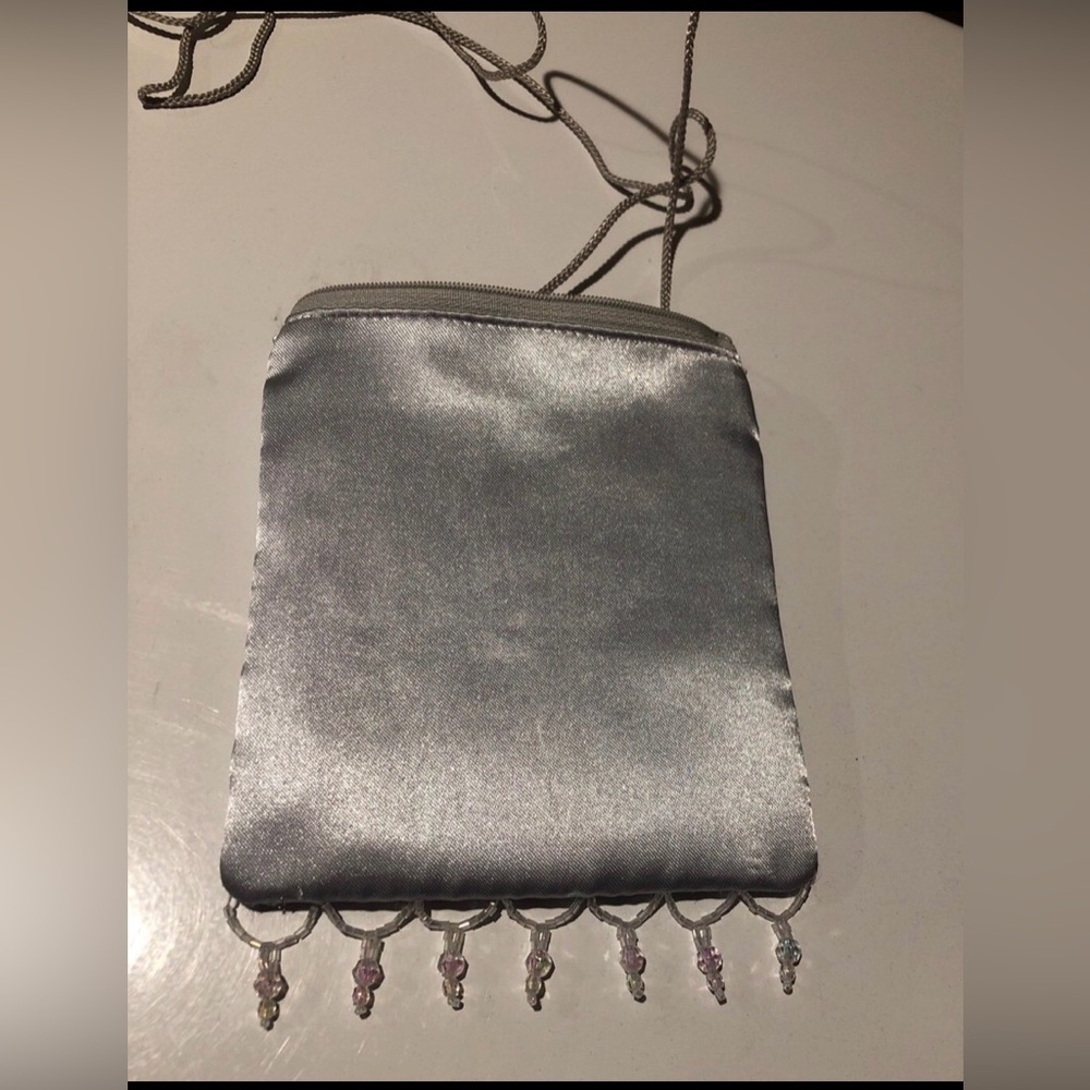Claire's Silver Satin Wristlet / purse with Beaded Fringe